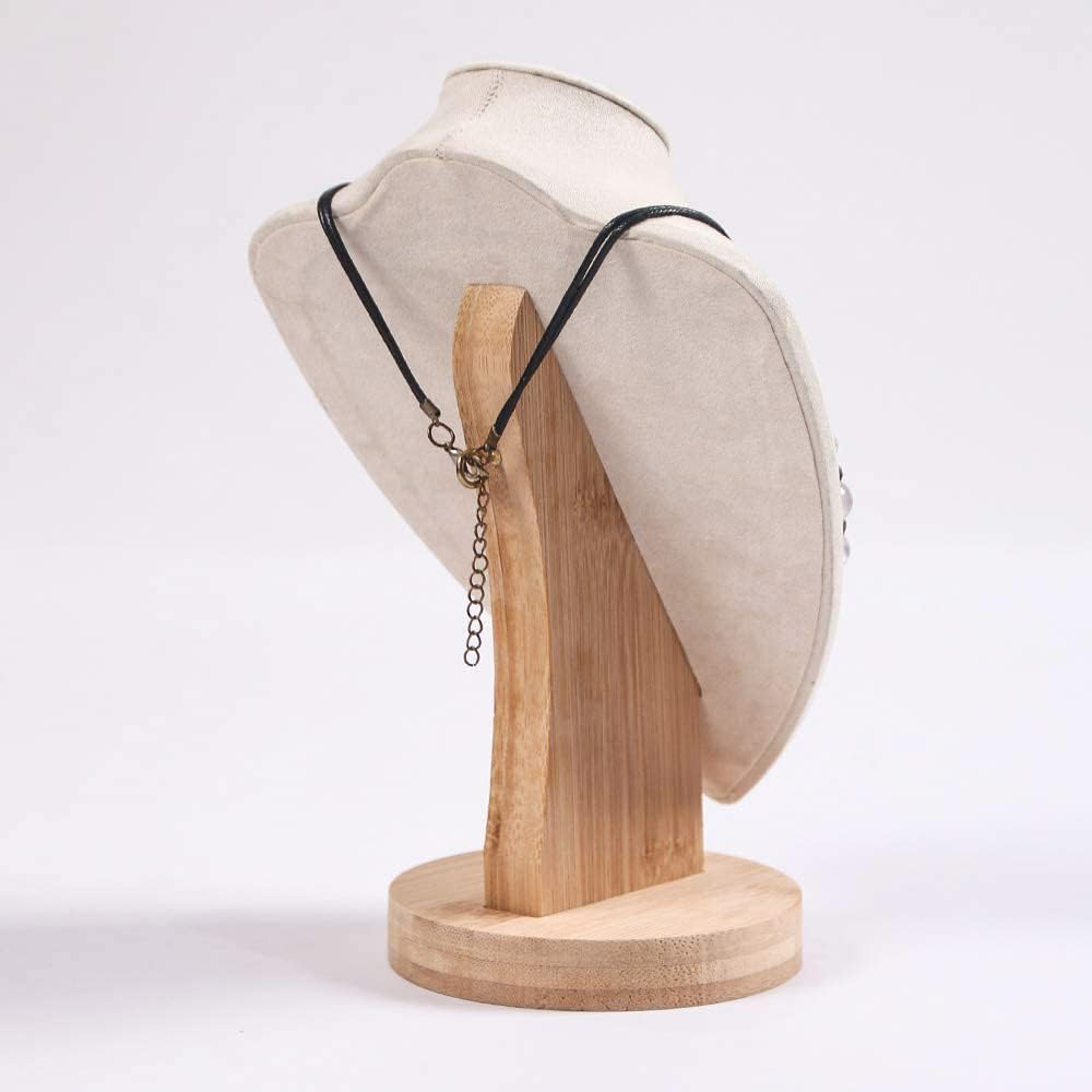 Coward Bamboo Necklace Display Chain Bust Stand Holder For Show Jewelry Organizer Model (beige velvet, 9.2")