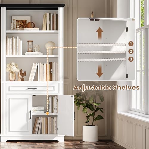SEDETA Farmhouse Bookshelves and Bookcases with Doors, Drawer, White