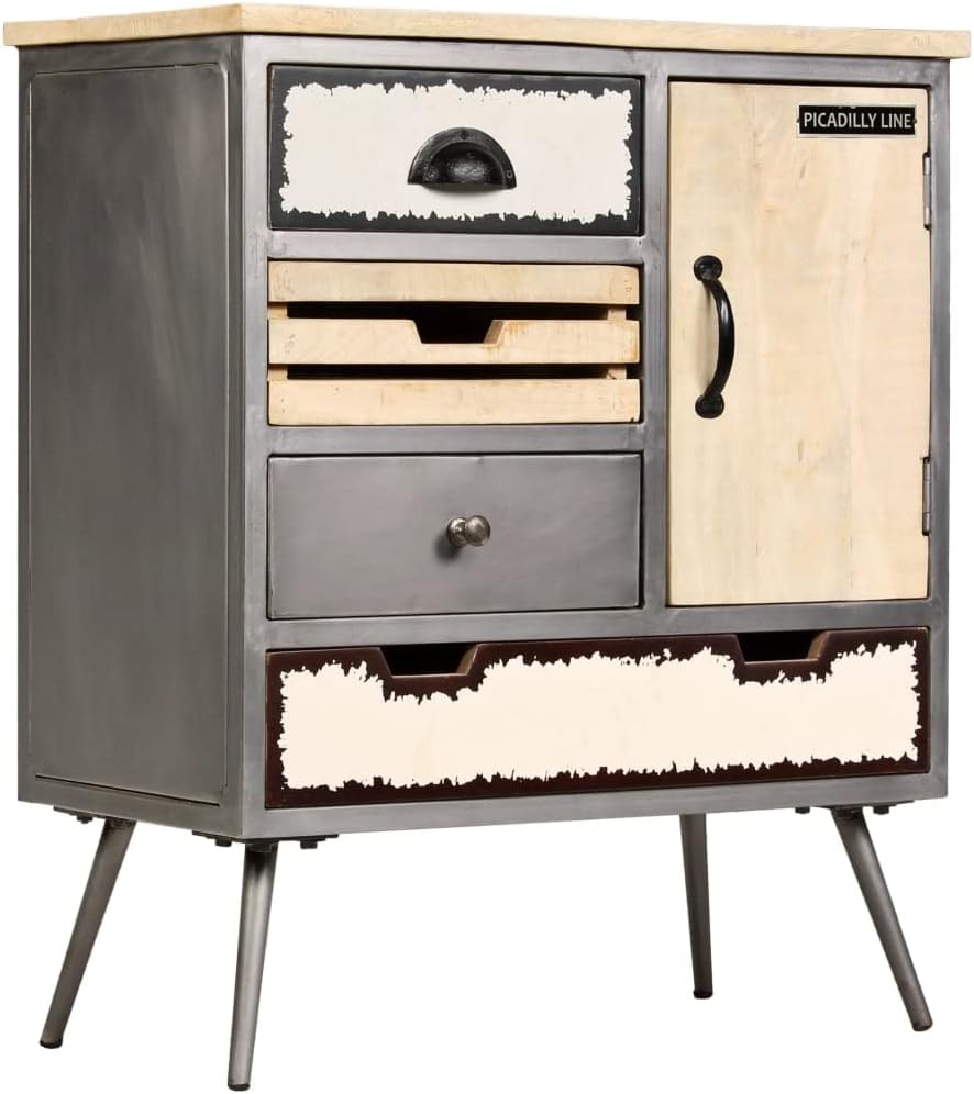 Mid-Century Modern Sideboard in Natural Mango Wood with Steel Accents, 4 Draw...