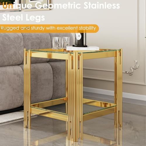 Small Side Table, Square End Table with Tempered Glass & Irregular Gold S...