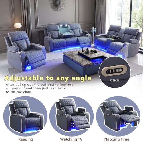 A Ainehome Sanded Leather Power Recliner Sofa Set with LED, 3 Pieces Living R...