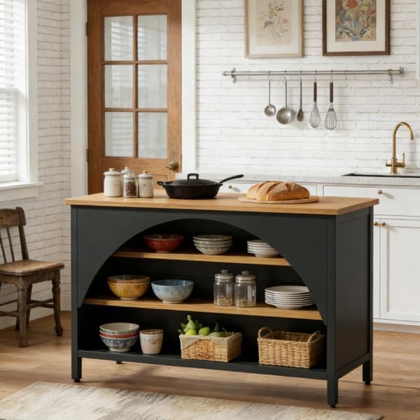 Kitchen Island with Open Shelves, Black and Natural Wood Top | 3-Tier Storage...