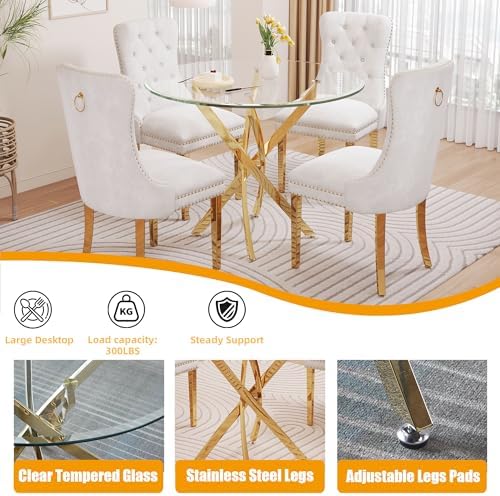 Glass Dining Table Set for 4, 5-Piece Round Tempered Glass Kitchen Table Set ...