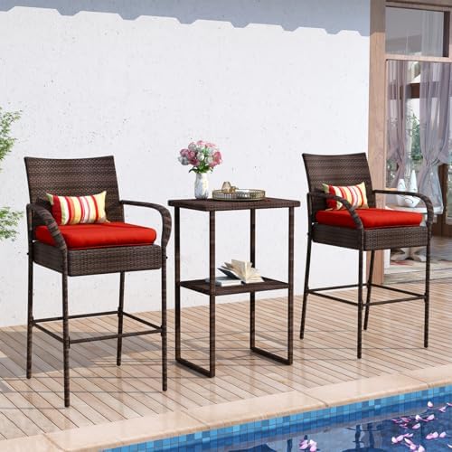 Sundale Outdoor Wicker Bar Stool Set of 4, Patio Counter Height Pub Chair