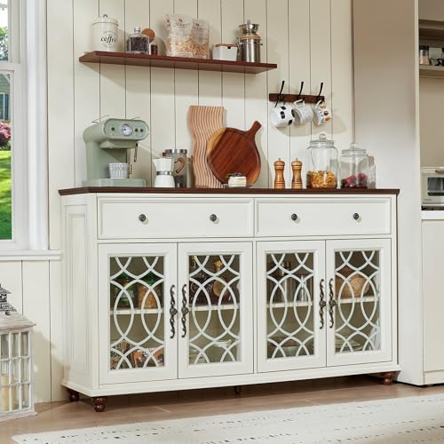 Joaxswe Large Sideboard Buffet Cabinet with Storage,59" Credenza with 4 Glass Doors & 2 Drawers,Adjustable Shelves Coffee Bar,Wood Kitchen Console Table for Dining Room,Living Room,Black