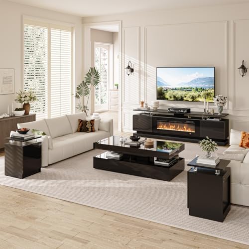 4-Piece Modern Living Room Table Set, Black | Includes High Gloss 70" Fi...