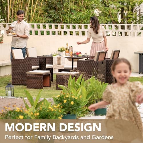 Devoko 9 Pieces Patio Dining Sets Outdoor Space Saving Furniture Sets,Beige