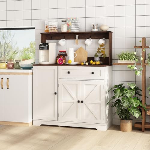 Wnutrees Farmhouse Coffee Bar Cabinet with Drawer, Kitchen Hutch Sideboard