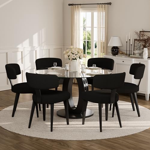 Boucle Chairs Set of 6, Modern Black Upholstered Dining Chairs with Black Met...