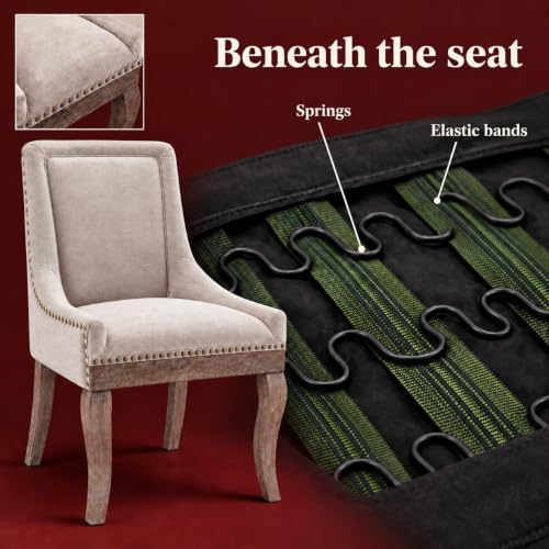 Upholstered Dining Chairs Set of 6, Beige Fabric Kitchen Chair with Nailhead ...