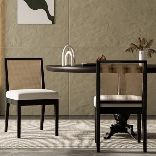 Rattan Dining Chairs Set of 2, Farmhouse Kitchen Chairs with Cane Back, Upholstered Dining Room Chairs Comfy Side Wood Chair for Living Room/Restaurant, Black Cream