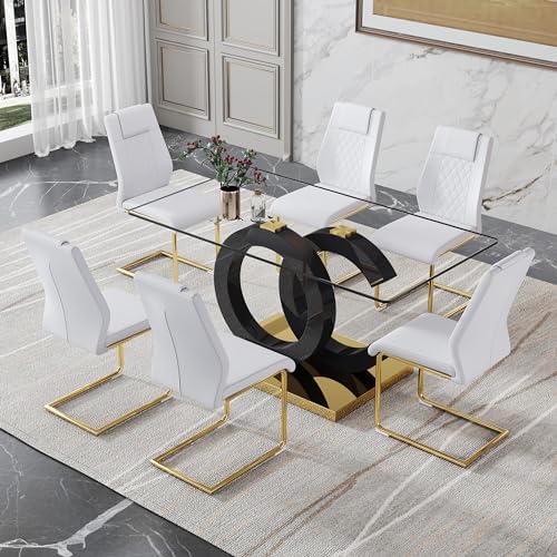 Ebullient Modern Dining Table Set for 6 ，7 Piece Dining Table Chairs Set for ...
