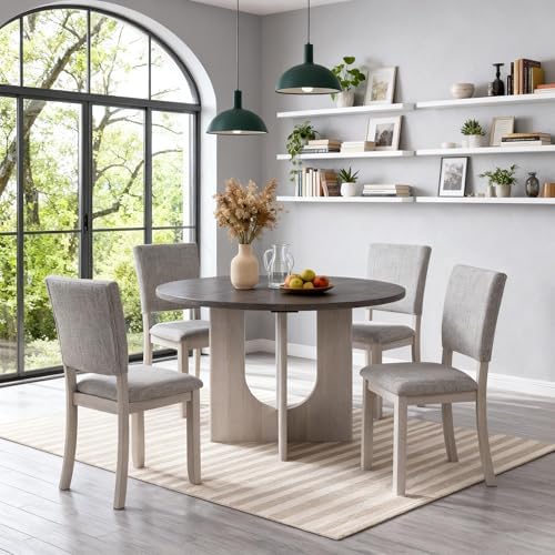 leovanni Round Dining Table Set for 4, Kitchen Table with 4 Upholstered Chair...