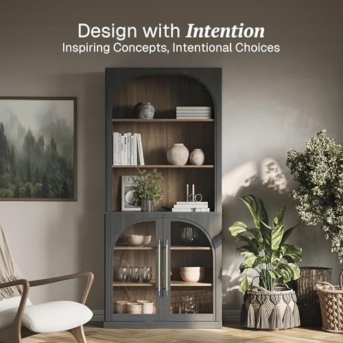 BELLEZE Glass Display Curio Cabinet, 72" Tall Modern Wood 6-Tier Shelf S...