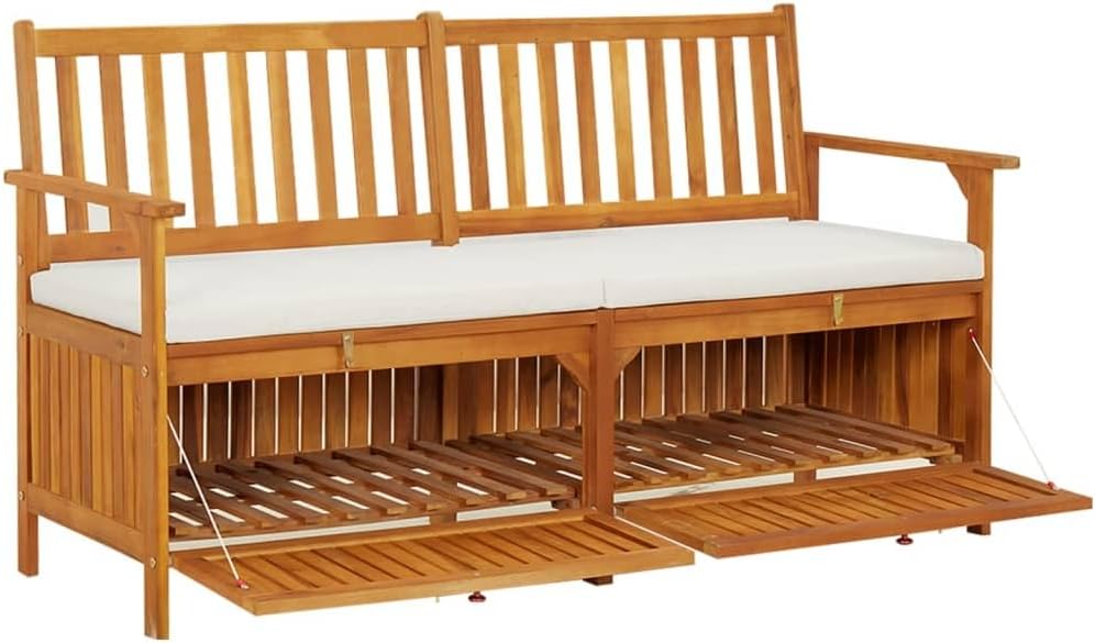 Storage Bench with Cushion 58.3 Inch Solid Acacia Wood Durable Patio Furnitur...