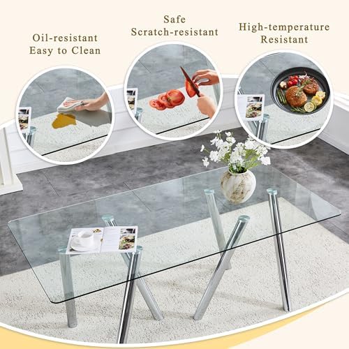 Glass Dining Table for 4 6 8 Pepole,71 Inch Rectangle Kitchen Dining Room Tab...