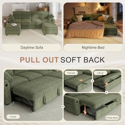 Hanherry 104" Sectional Sofa with Pull Out Couch Bed,Corduroy 4 Seater S...