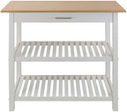 Furnifact Solid Wood Kitchen Island with Drawer, 2 Open Shelves, White Base and Natural Top, Island Table for Kitchen Storage and Food Prep
