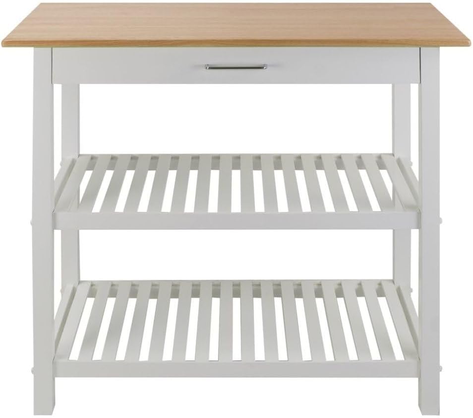 Furnifact Solid Wood Kitchen Island with Drawer, 2 Open Shelves, White Base and Natural Top, Island Table for Kitchen Storage and Food Prep
