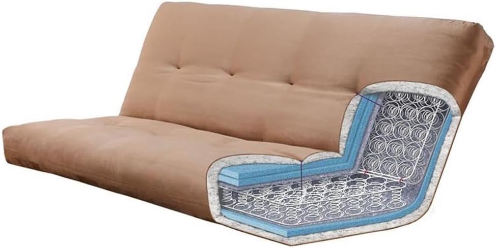 BOWERY HILL Queen-Size Wood Futon, Rustic Walnut Brown Frame, Linen Aqua Blue...