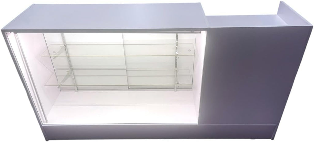 Only Hangers Register Stand with Counter Space and Retail Glass Showcase Display - with LED Lights - 72" (White)