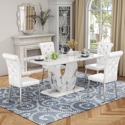JUFU 63-Inch Faux Marble Dining Table Set for 4, White Chairs, Silver Legs | ...