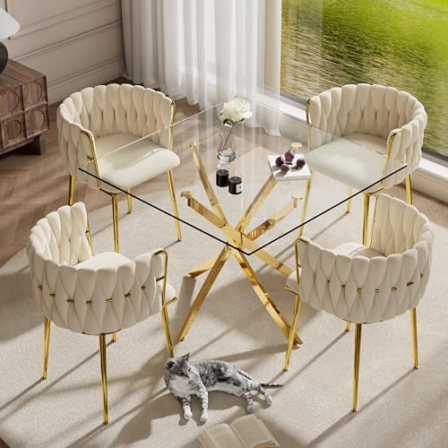 Golden Glass Dining Table Set for 4, 5 Piece Clear Glass Top Dinner Room Set,...