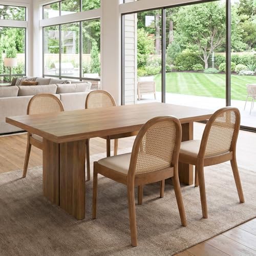 Ya-Home Mid Century Dining Chairs Set of 4, Accent Rattan Linen Fabric Side C...