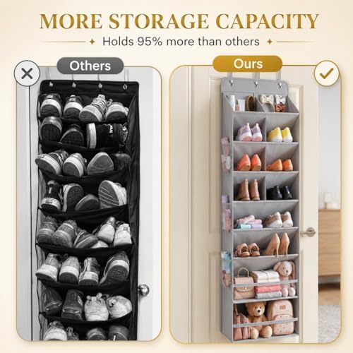 8 Tier Hanging Shoe Organizer for Closet, Over the Door Shoe Organizer with Deep 120D Extra Thick Pockets, Shoe Rack for Closet & Entryway, with 6 Side Pockets for Boots (Transparent)