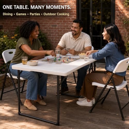 4FT Folding Table 3 Levels Adjustable Height, Heavy Duty Fold-in-Half Portabl...