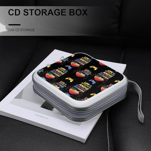 Portable CD Holder Case with Strap Life Is Better With Anime Ramen Gaming, 40-Capacity Hard Plastic Storage Binder, Protective Wallet for Car Office Travel