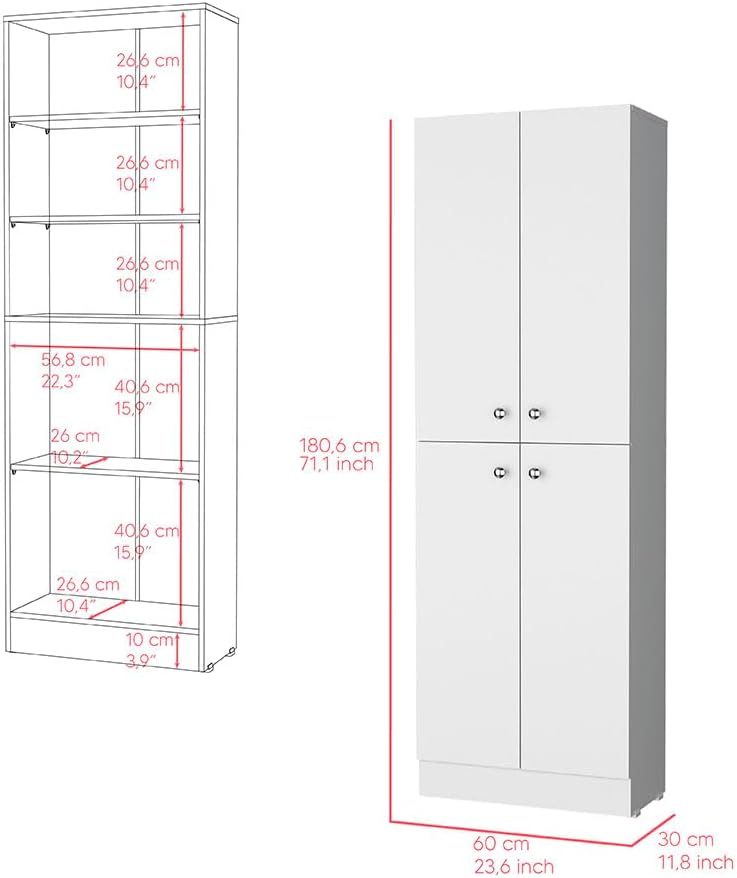 23.6" D*11.8" W*71.1" H Freestanding Kitchen Pantry with 4 Shelves, 2 Double Doors, Rectangular Storage Cabinet, Modern Minimalist, for Living Room, Dining Room, White