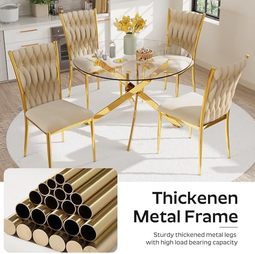 Modern Dining Chairs Set of 4, Beige Velvet Woven Kitchen Chair with Golden M...
