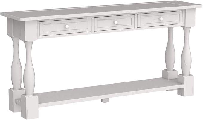 Merax 64" Classic Wood Console Table with Drawers and Bottom Shelf for Entryway Hallway Living Room (Antique White)