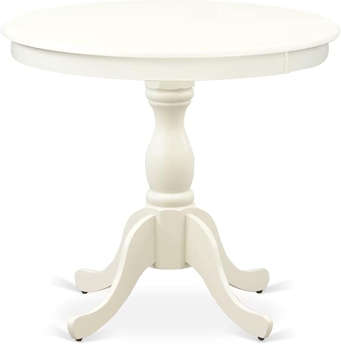 East West Furniture AMBA3-LWH-01 3 Piece Modern Dining Table Set Contains a Round Kitchen Table with Pedestal and 2 Cream Linen Fabric Upholstered Parson Chairs, 36x36 Inch, Linen White