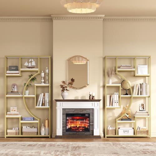 LGHM 79" W Luxury Marble-Patterned White Gold Bookshelf, Set of 2