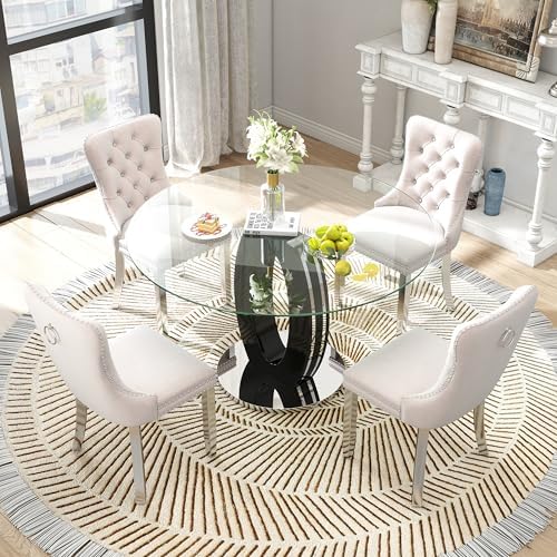 RGZ 5 PCS Luxury Clear Glass Round Dining Table Set, 47'' Modern Circ...