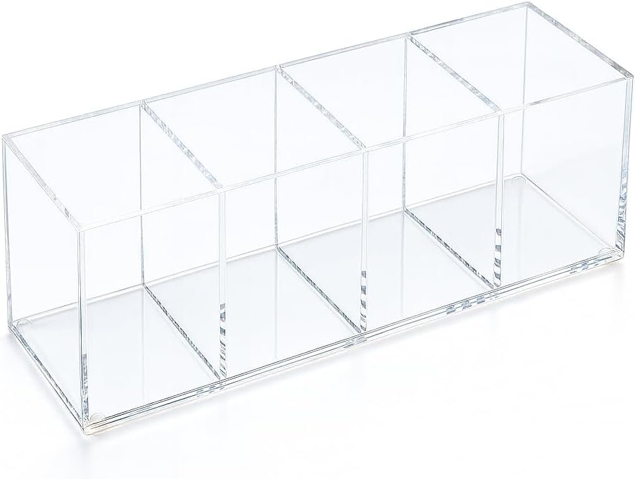 Clear Acrylic 4-Compartment Organizer Box, Small (7.9" × 2.7" × 3.5") – Handcrafted, Eco-Friendly, Minimal Packaging Compact Storage Organizer