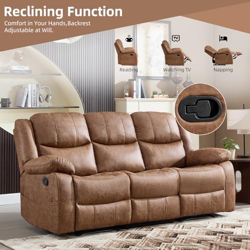 EBELLO Faux Leather Manual Reclining Sofa, Mid-Century Modern Overstuffed Arm...