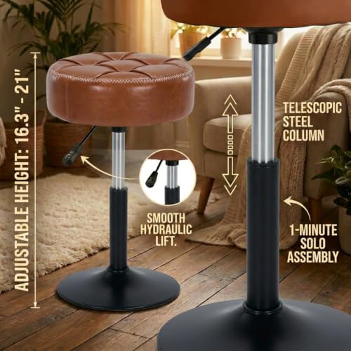 Adjustable Vanity Stool with Round Seat, 360° Swivel Faux Leather Makeup Chai...