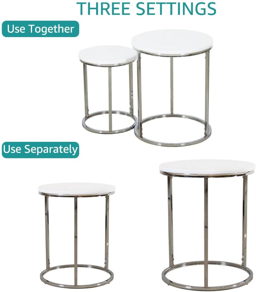 Nesting Coffee Table Set of 2 White Silver | Round Stacking Side Tables for S...