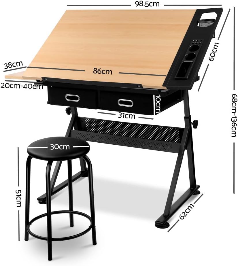 Drawing Table Stool Set Artiss Ajustable Metal Base Art & Craft Drafting ...