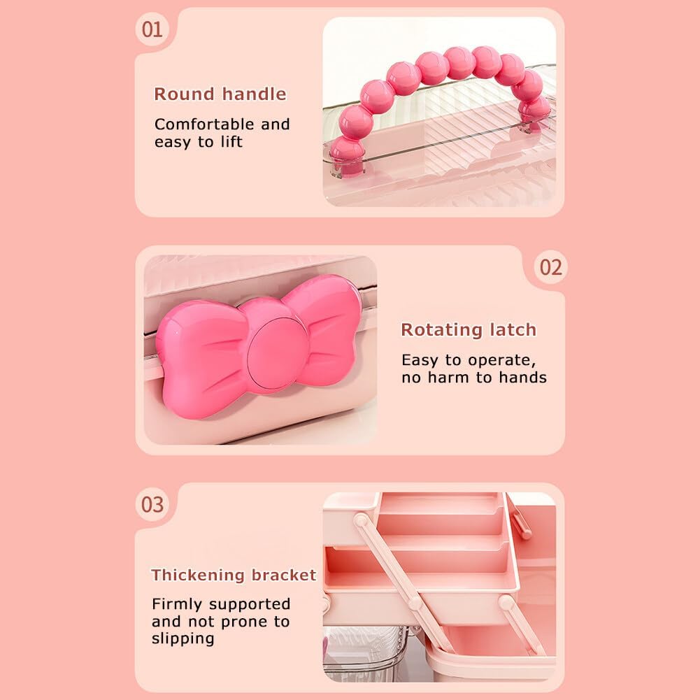 Cute Girls Hair Accessories Storage Box Bow Switch Organizer Box Jewelry Box, Plastic Hair Ties Holder Hair Clips Container Storage Box for Home, School, Office(Pink)