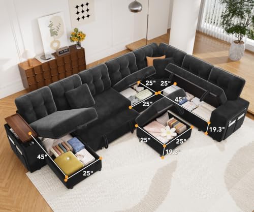 Vipbear 130" Modular Sectional Sleeper Sofa with Pull Out Bed, 9 Seat L ...