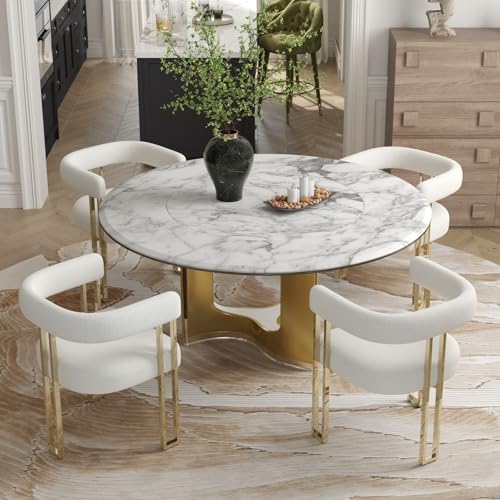 Hyfirm Set of 4 Modern White Boucle Dining Chairs with Gold Metal Legs, Mid C...