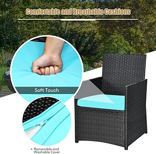 Tangkula 3 Pieces Patio Dining Set, Space-Saving PE Rattan Bistro Set with Te...