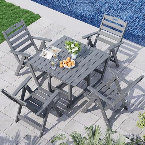 Dining Table Set, 5-Piece HDPE Outdoor Dining Set for 4, Grey