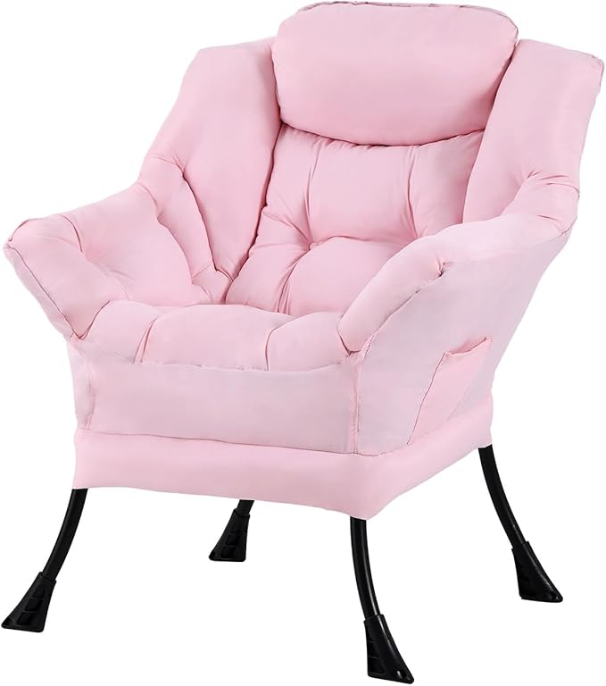 Tiita Lazy Chair, Modern Large Accent Lounge Armchair, Comfy Leisure Sofa Reading Chair with Footrest for Bedroom, Living Room, Dorm Rooms, Garden and Courtyard, Pink