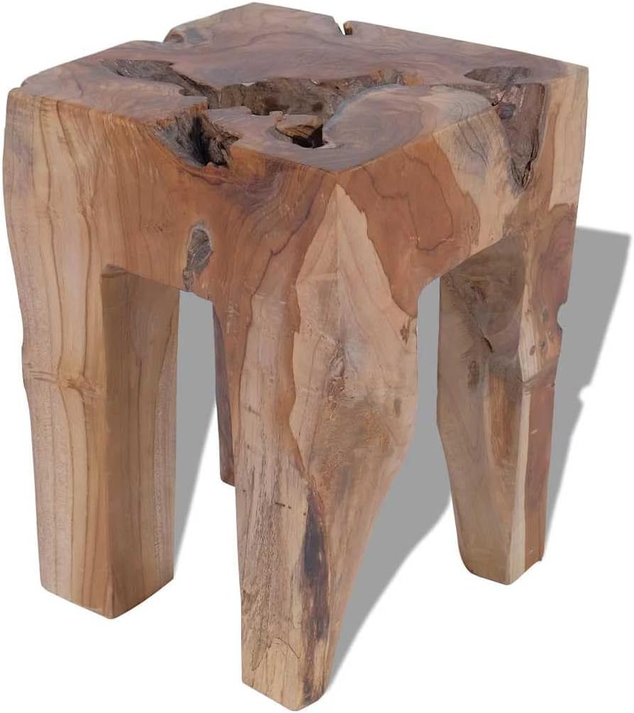 Solid Teak Wood Stool, Square Rustic End Table for Living Room Bedroom, Sturd...