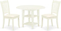 East West Furniture SUDA3-LWH-C 3 Piece Dining Table Set Contains a Round Dining Room Table with Dropleaf & Shelves and 2 Linen Fabric Upholstered Chairs, 42x42 Inch, Linen White